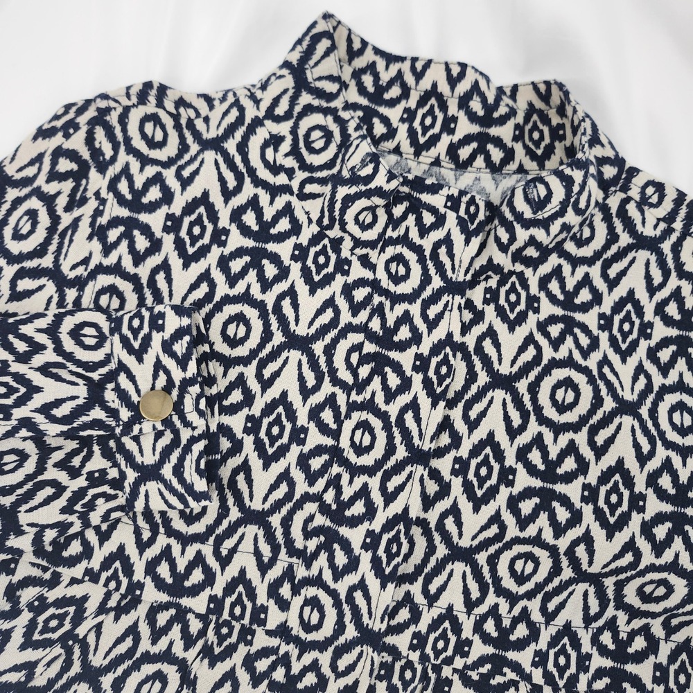 Cali 1850 Womens Blue Ikat Linen Blend Jacket Size M Navy Coastal Resort Summer